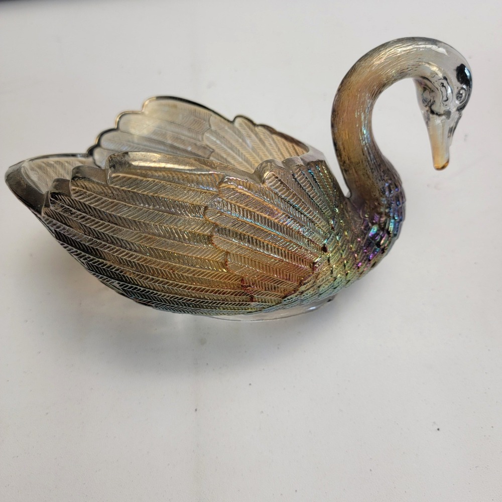 Imperial Glass Smoke Carnival Glass Swan Dish Figurine Iridescent IG Mark - Picture 2 of 15